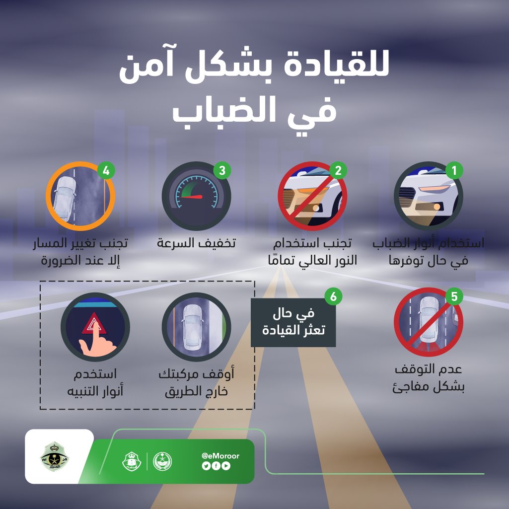 المرور السعودي يوجه نصائح للتعامل مع الأمطار والضباب في المملكة