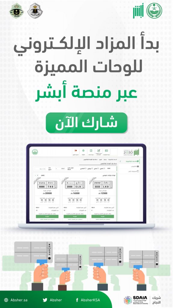 تعرفوا على إجراءات وخطوات المزايدة للوحات الإلكترونية بمنصة أبشر