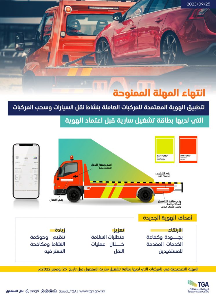 انتهاء مهلة تطبيق الهوية الموحدة للمركبات في نشاط نقل وسحب السيارات بالسعودية