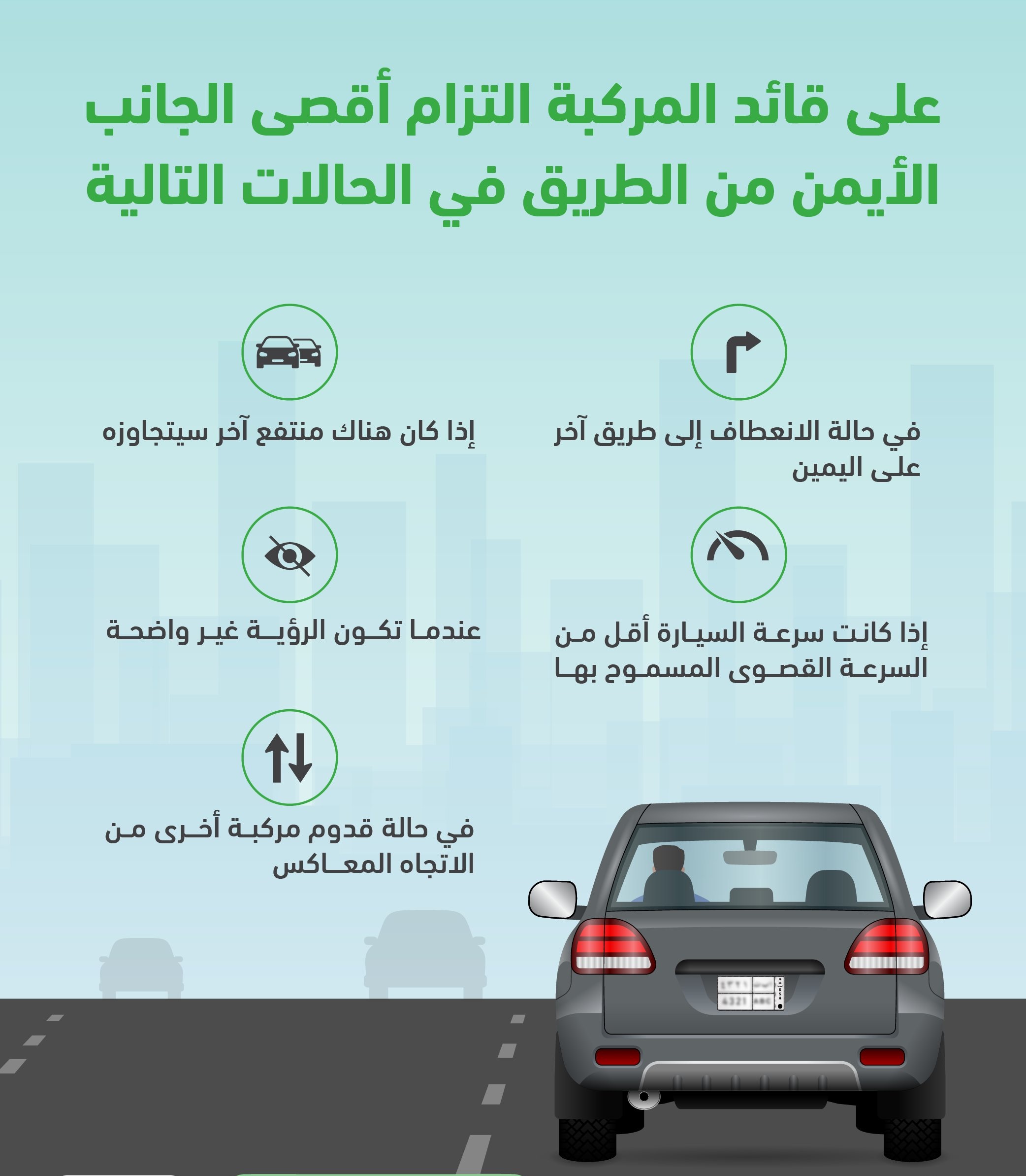 المرور يوضح حالات التزام السيارة بأقصي الجانب الأيمن من الطريق